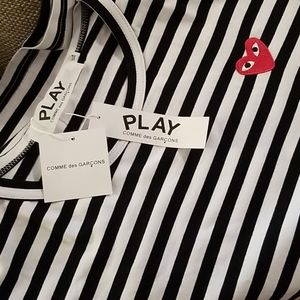 Comme des Garcons PLAY Women’s Black & White Striped Tee with Red Heart Patch